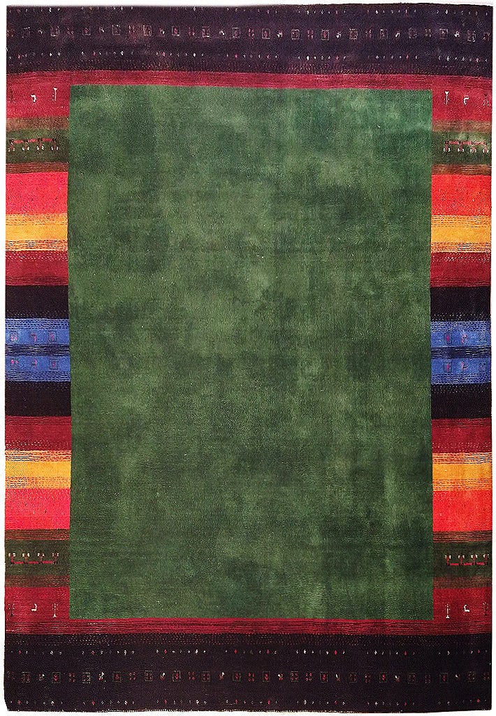 Handmade 8 x 10 Green Gabbeh Wool Rug with Rainbow Border: Handmade 8 x 10 Green Gabbeh Wool Rug with Rainbow Border Free continental US Shipping Transform your space with this exquisite 8 x 10 Green Gabbeh Rug, a stunning handmade wool carpet featuring a vib