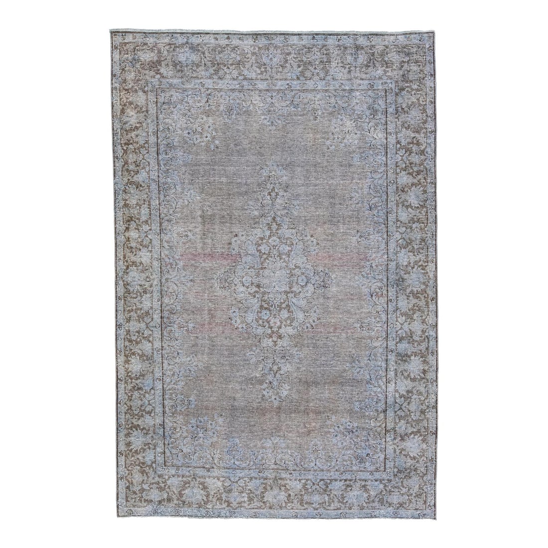 Vintage Persian Overdyed Gray Wool Rug with Blue Medallion Design: Vintage Persian Overdyed Gray Wool Rug with Blue Medallion Design This exquisite Vintage Overdyed handmade wool rug features a stunning gray field adorned with blue accents in an elegant all-over meda