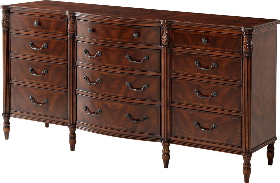 Theodore Alexander Mahogany Middleton Dresser with Carved Uprights: Theodore Alexander Mahogany Middleton Dresser with Carved Uprights Enhance your living space with the Traditional Mahogany Middleton Dresser, a beautifully crafted piece from Theodore Alexander. This