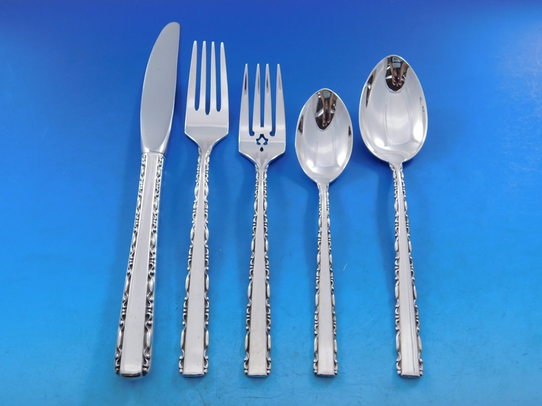 Alvin Avila Sterling Silver Flatware Set for 12 63 Pieces Scarce: Alvin Avila Sterling Silver Flatware Set for 12 63 Pieces Scarce Discover the elegance of the Avila flatware set by Alvin, crafted from sterling silver. This exquisite set is designed for 12 and inclu
