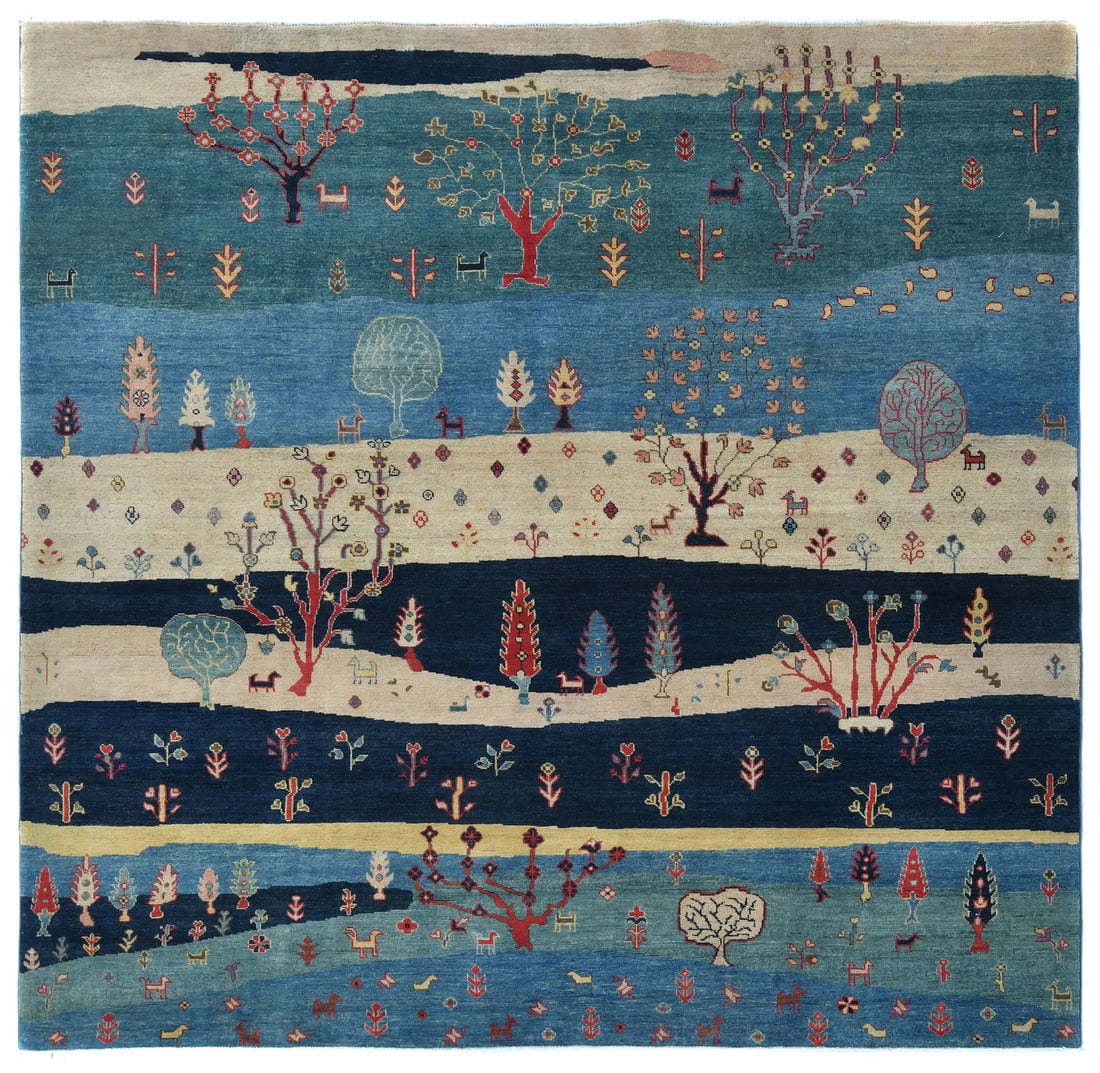 Handmade 8x8 Multicolored Wool Oriental Pictorial Rug Tribal Design: Handmade 8x8 Multicolored Wool Oriental Pictorial Rug Tribal Design Enhance your space with this stunning 8X8 Handmade Square Oriental Rug, featuring a vibrant multicolored pictorial design. Crafted w