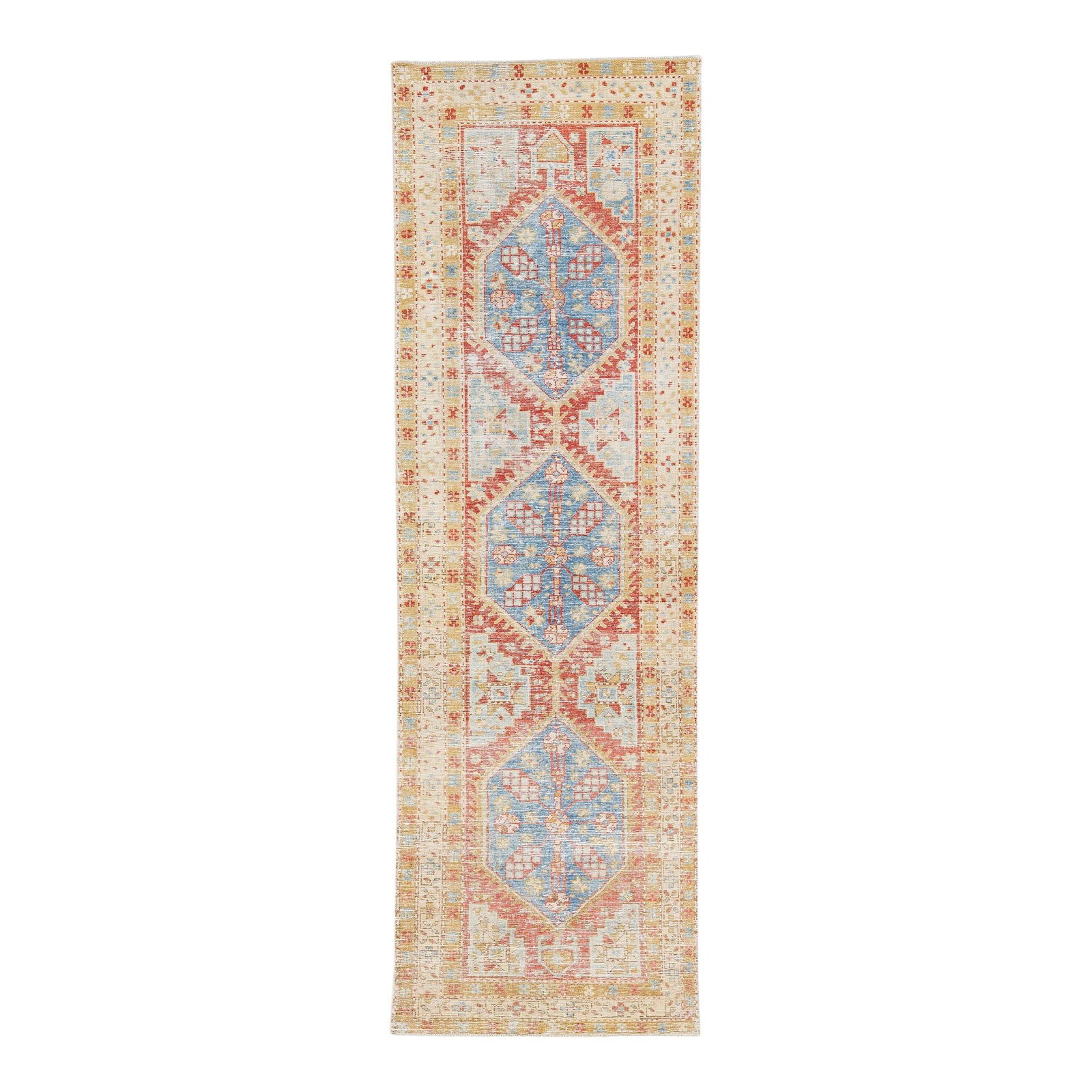 Antique Persian Heriz Wool Runner 3'3 x 10'8 Multicolor Geometric Pattern: Antique Persian Heriz Wool Runner 3'3 x 10'8 Multicolor Geometric Pattern This exquisite antique Persian Heriz runner is hand-knotted from high-quality wool, showcasing a vibrant red and blue field ad