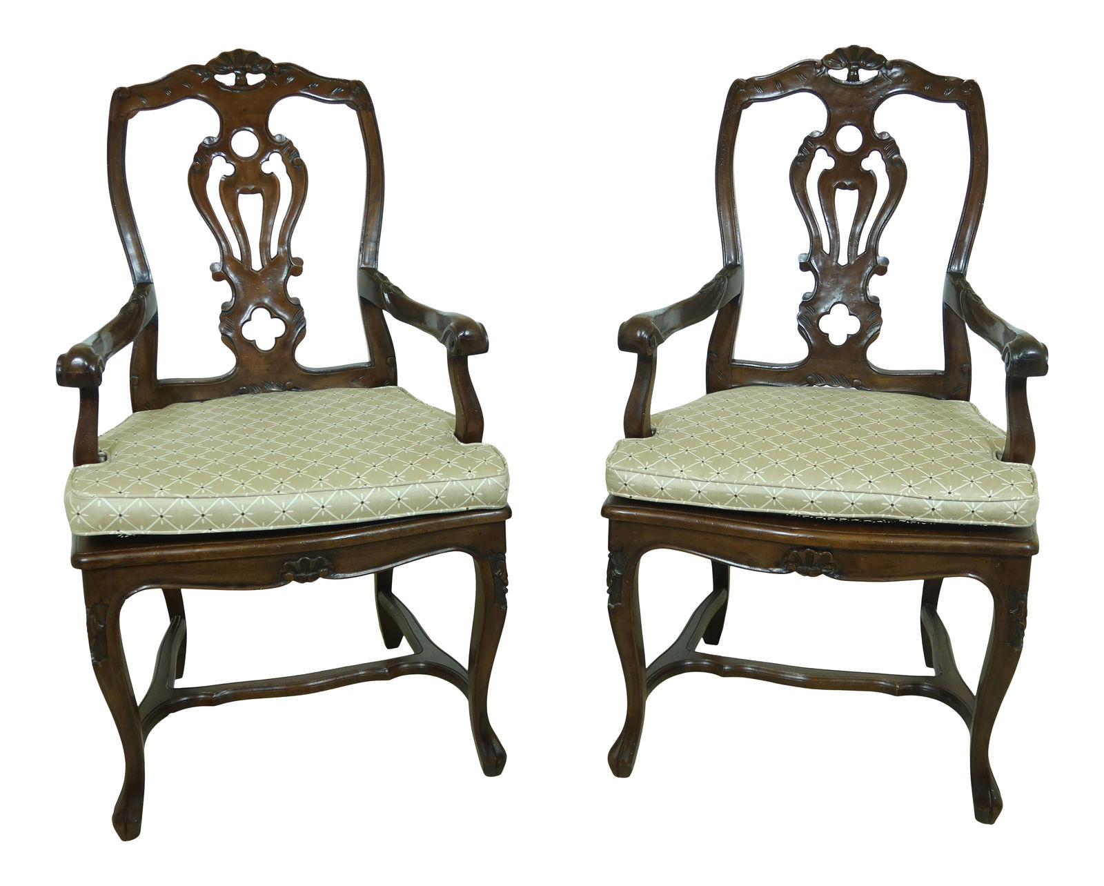 Vintage Italian Walnut Cane Seat Armchairs Pair with Custom Cushions: Vintage Italian Walnut Cane Seat Armchairs Pair with Custom Cushions This exquisite pair of Italian walnut cane seat armchairs showcases approximately 75 years of craftsmanship. Featuring intentional