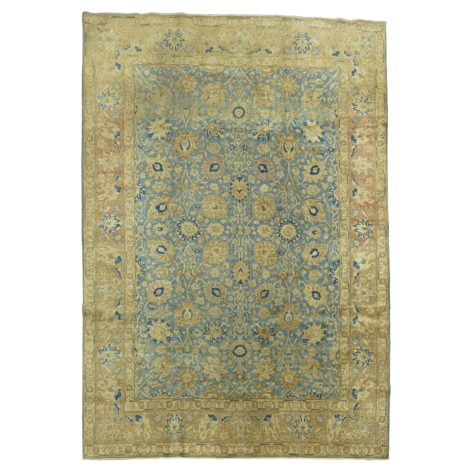 Antique Persian Tabriz Rug Blue Brown Wool Hand-Knotted 87 x 118: Antique Persian Tabriz Rug Blue Brown Wool Hand-Knotted 87 x 118 Discover the elegance of this Antique Blue and Soft Brown Persian Tabriz Rug, a stunning piece that showcases traditional craftsmanship