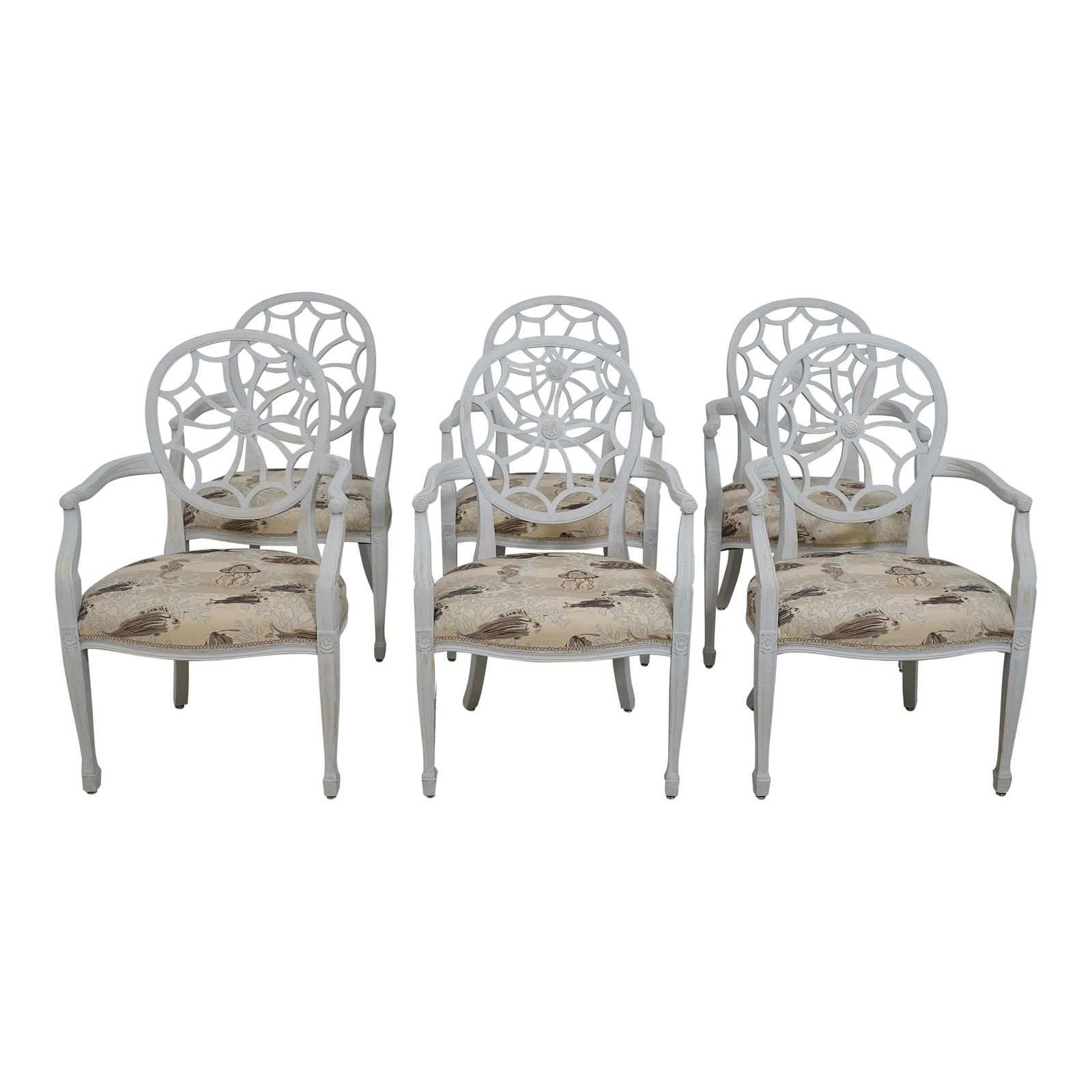 Set of 6 Coastal Print Dining Chairs with Spiral Web Back: Set of 6 Coastal Print Dining Chairs with Spiral Web Back This exquisite set of 6 dining room chairs features a charming coastal aesthetic, perfect for enhancing any seaside-inspired decor. The chairs
