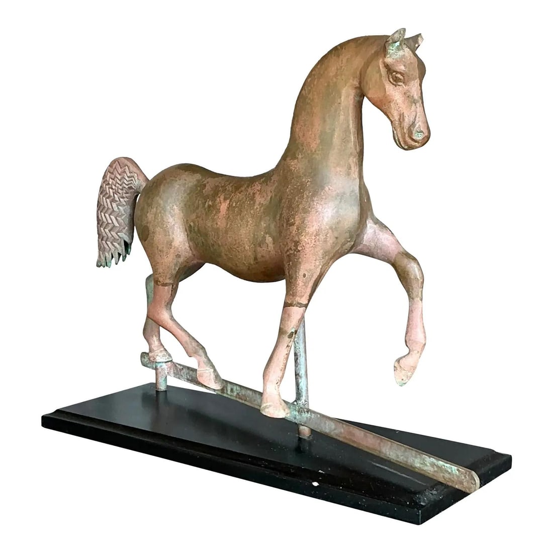 Vintage Boho Patinated Copper Horse Weathervane Sculpture: Vintage Boho Patinated Copper Horse Weathervane Sculpture Infuse your home with timeless charm and equestrian elegance with this Vintage Boho Patinated Copper Horse Weathervane Sculpture. This strikin