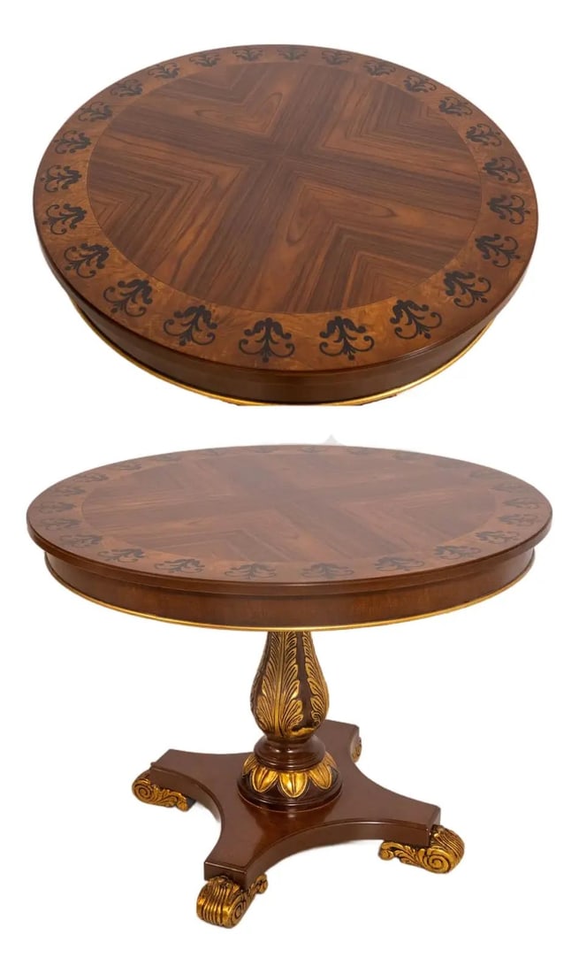 Round Neoclassical Platform Table with Walnut and Burl Elm Top: Round Neoclassical Platform Table with Walnut and Burl Elm Top This Italian round neoclassical center table features a platform pedestal base, intricate carved details, and gold accents. Crafted with