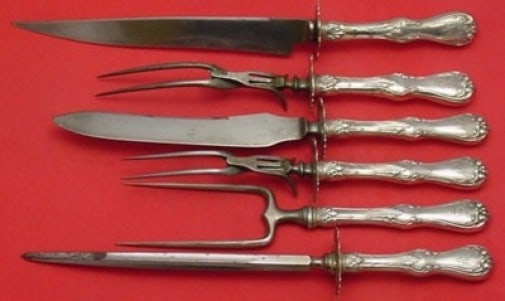 Whiting Duke of York 6pc Sterling Silver Roast Carving Set: Whiting Duke of York 6pc Sterling Silver Roast Carving Set Presenting the Duke of York 6-piece Roast Carving Set by Whiting, crafted from high-quality sterling silver (.925). This elegant set, produce