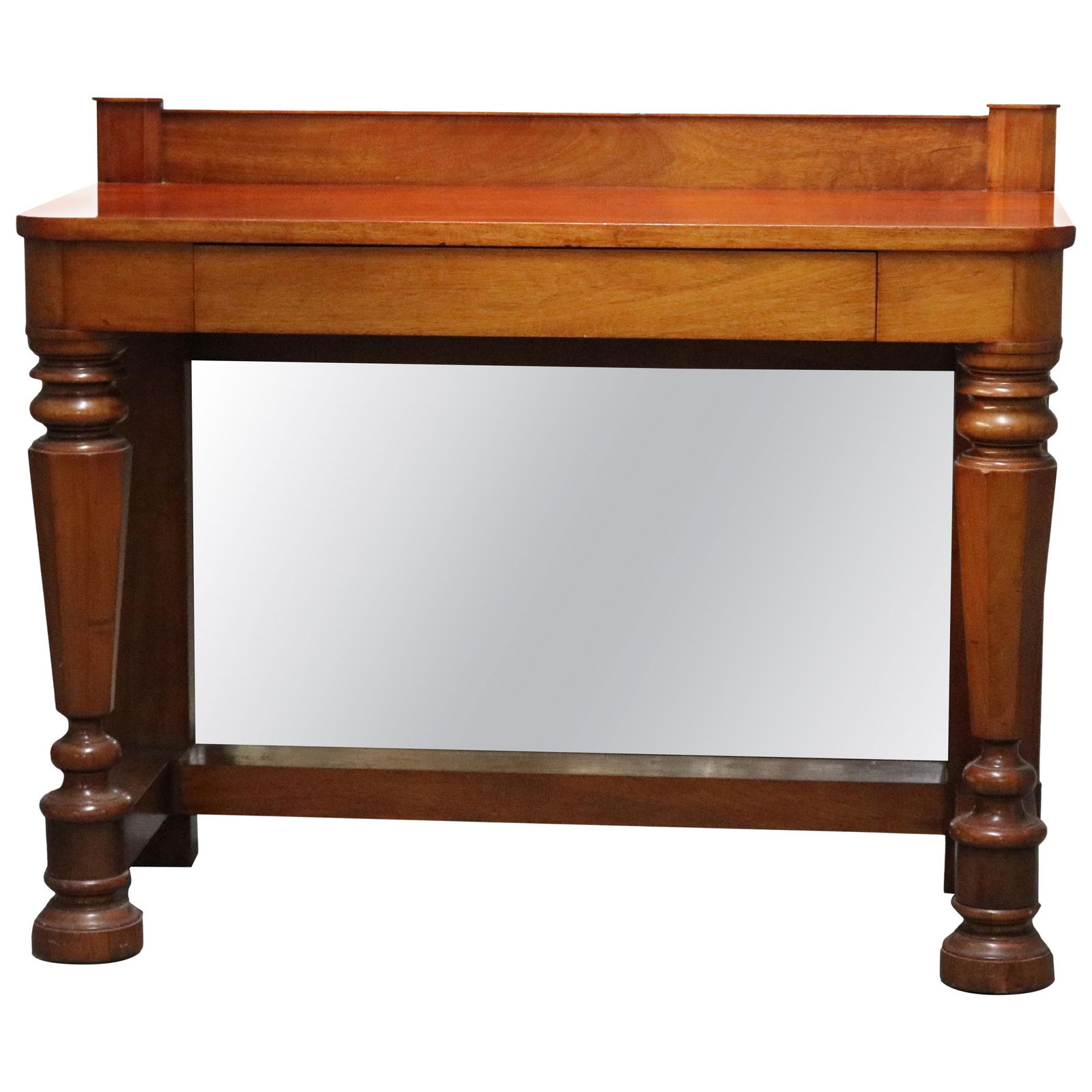 Antique Empire Mahogany Mirrored Pier Table C1900 with Balustrade Legs: Antique Empire Mahogany Mirrored Pier Table C1900 with Balustrade Legs This Antique Classical Empire Mahogany Mirrored Pier Table, crafted around 1900, showcases exquisite early 20th-century craftsman