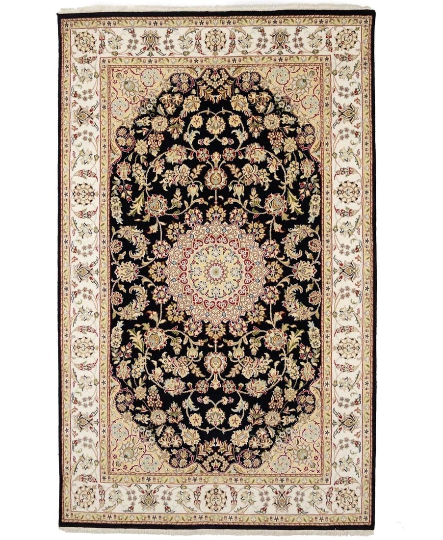 Hand-Knotted Wool Silk 5'2 x 8'4 Indo-Nain Floral Area Rug from India: Hand-Knotted Wool Silk 5'2 x 8'4 Indo-Nain Floral Area Rug from India This Indo-Nain area rug features a striking floral pattern in a modern Oriental style, crafted from a blend of wool and silk. Hand