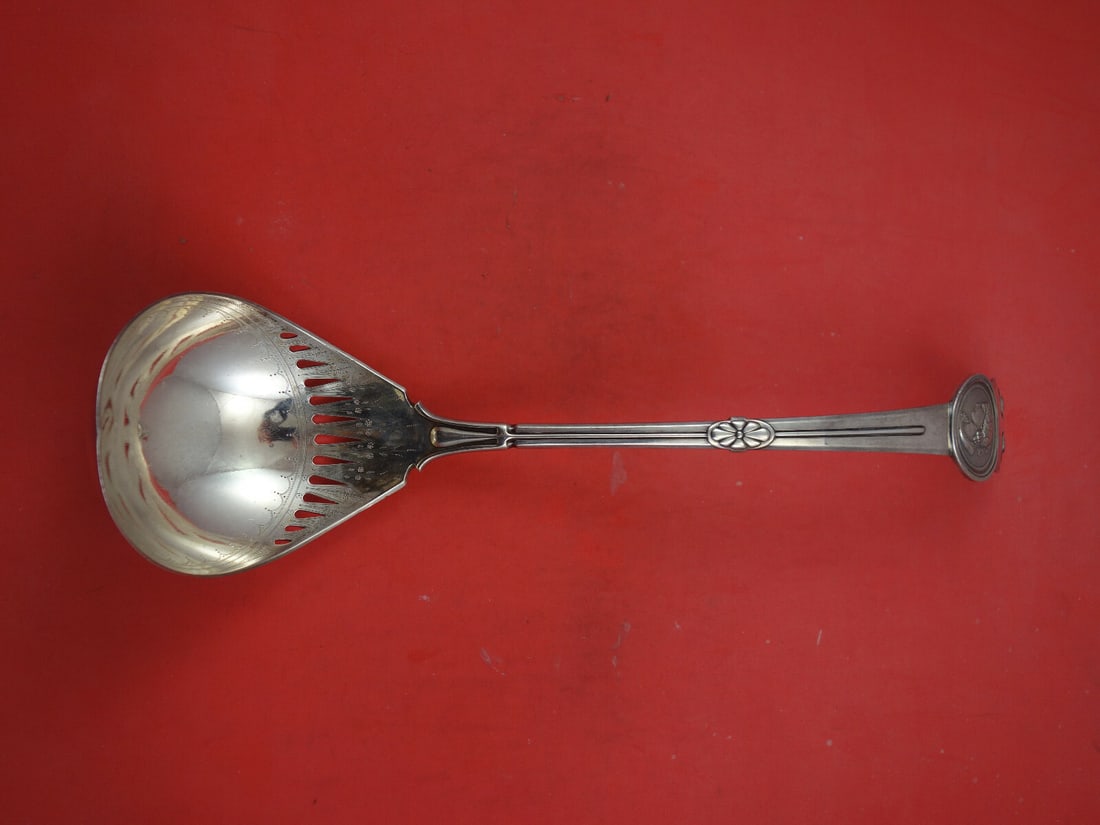 Gorham Medallion Sterling Silver Soup Ladle 14 1/4" Bright-Cut Straining Design: Gorham Medallion Sterling Silver Soup Ladle 14 1/4" Bright-Cut Straining Design This exquisite soup ladle from Gorham features a stunning bright-cut design in the Medallion pattern. Crafted from sterl