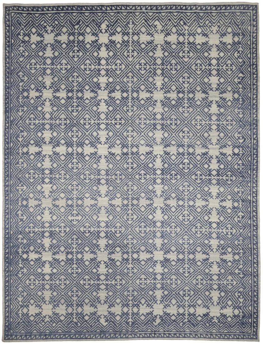 Handmade Geometric Modern 9x12 ft Wool Area Rug Blue Cream: Handmade Geometric Modern 9x12 ft Wool Area Rug Blue Cream Enhance your living space with this stunning Handmade Geometric Design Area Rug, measuring 9'0" x 11'10". Crafted in India, this modern orien