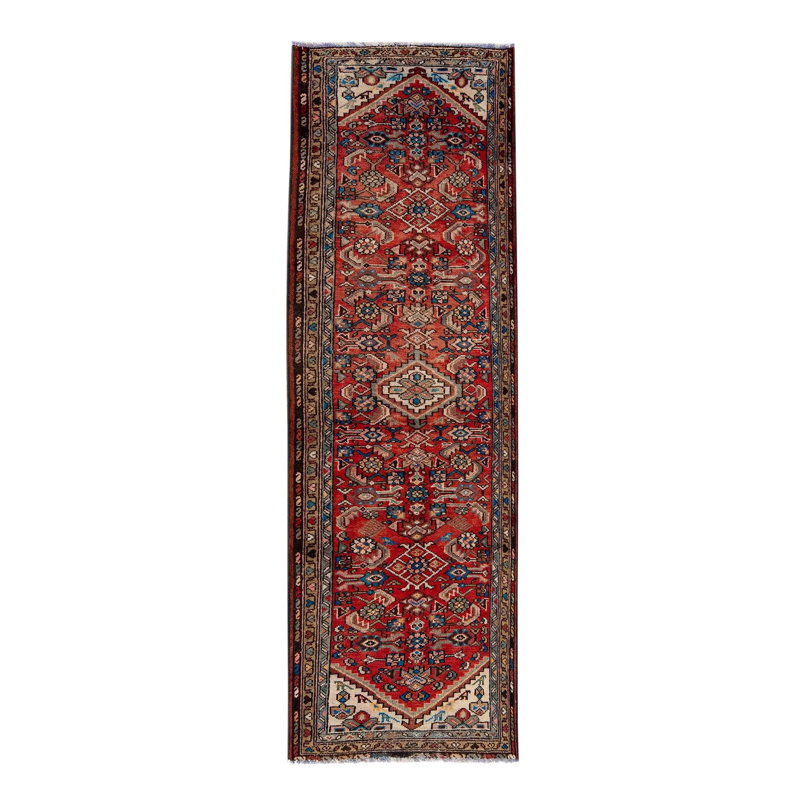 Vintage 1960s Persian Hamadan Red Wool Runner Rug 2'8 x 8'9: Vintage 1960s Persian Hamadan Red Wool Runner Rug 2'8 x 8'9 Discover the charm of this vintage Persian Hamadan runner, meticulously hand-knotted from high-quality wool. Featuring a rich red color fiel