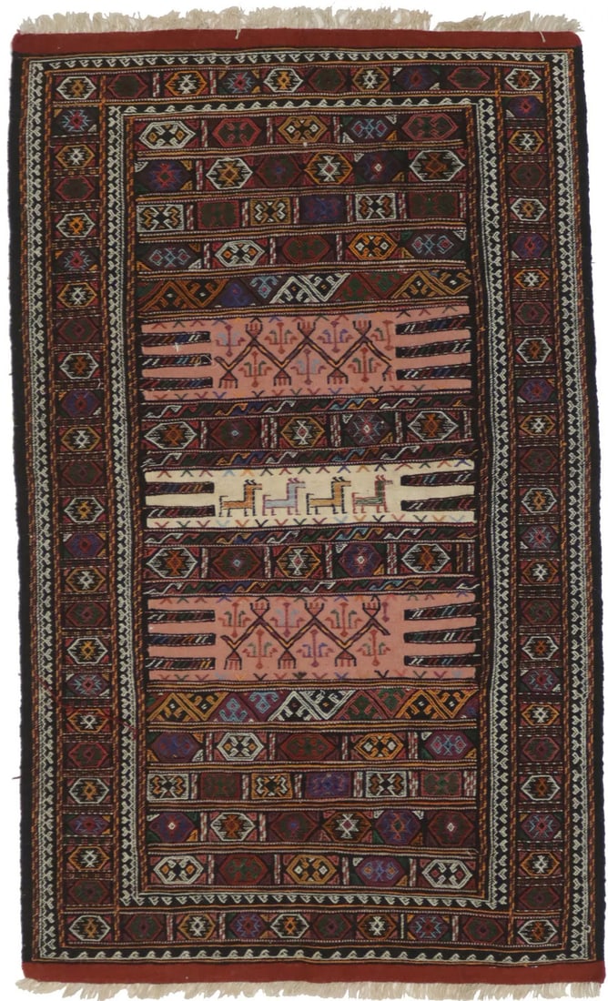 Hand-Woven Sumak Herati Vintage Tribal Pictorial Rug 3'4 x 5'7: Hand-Woven Sumak Herati Vintage Tribal Pictorial Rug 3'4 x 5'7 Enhance your living space with this stunning Hand-Woven Sumak Herati Oriental Rug, designed in a captivating tribal pictorial style. Meas