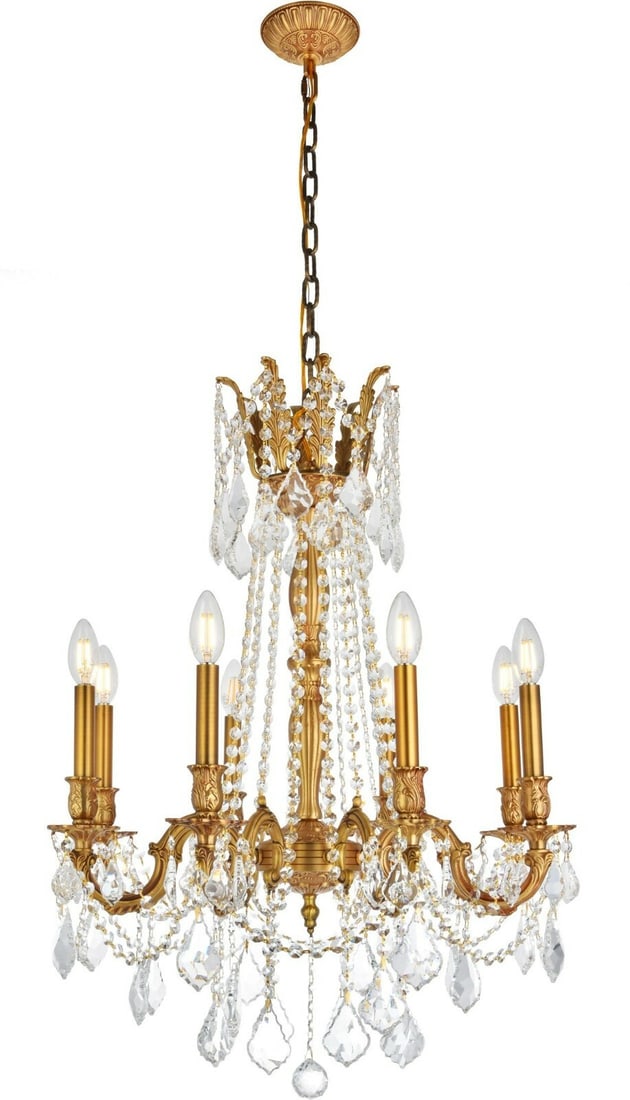 Rosalia 8-Light French Gold Chandelier with Royal Cut Crystals: Rosalia 8-Light French Gold Chandelier with Royal Cut Crystals Illuminate your space with the stunning Rosalia 8-Light Chandelier featuring a luxurious French gold finish and exquisite royal cut cryst