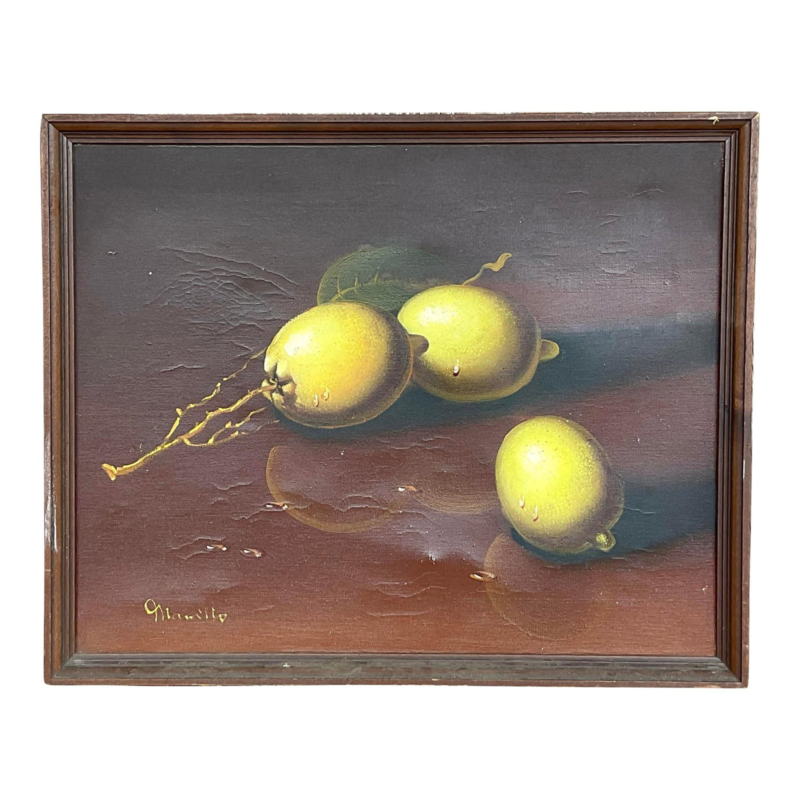 Signed Vintage Oil Painting of Lemons on Branch: Signed Vintage Oil Painting of Lemons on Branch This stunning vintage original oil painting features a beautiful composition of lemons on a branch, showcasing the artist's skill. The artwork displays