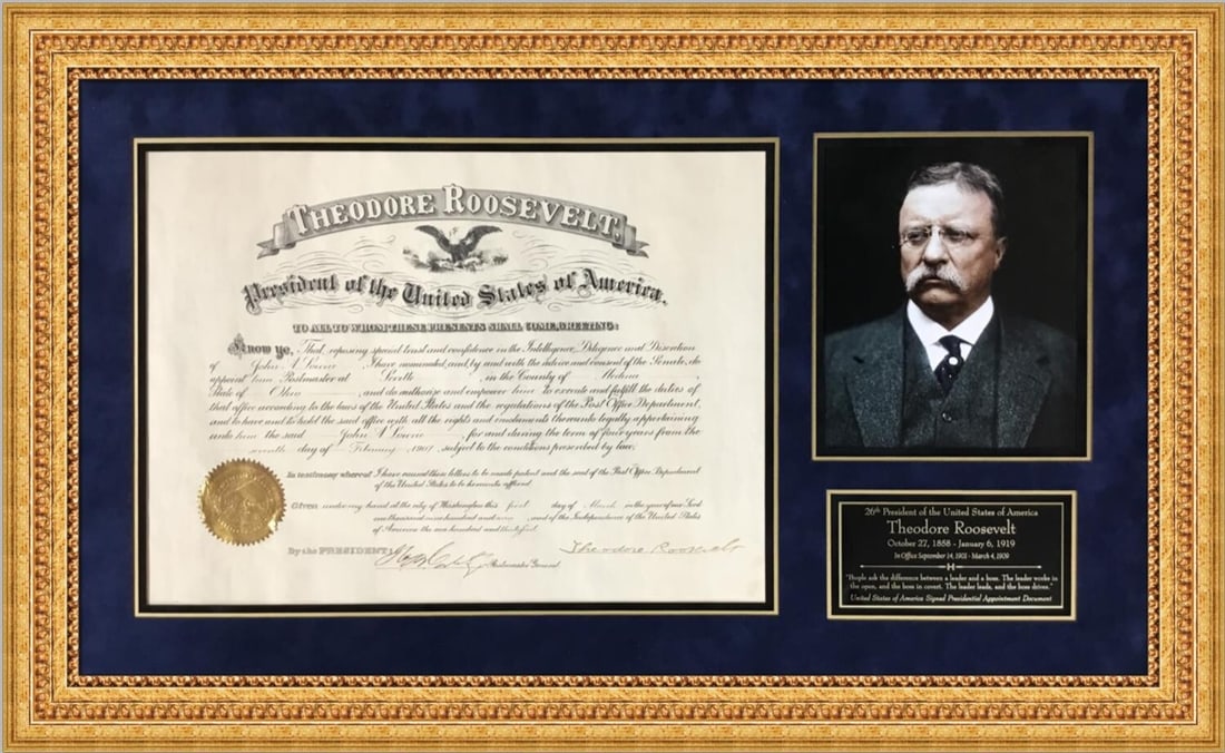 Theodore Roosevelt Signed USPS Document Custom Framed JSA Authenticated (1 of 7)