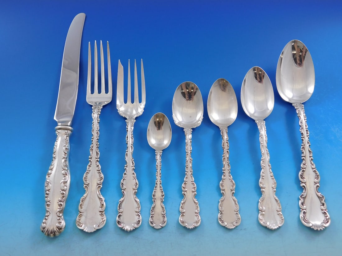Whiting Louis XV Sterling Silver Flatware Set for 8 - 70 Pieces with Bonus Chest: Whiting Louis XV Sterling Silver Flatware Set for 8 - 70 Pieces with Bonus Chest Elevate your dining experience with the exquisite Louis XV Sterling Silver Flatware Set by Whiting. This remarkable col