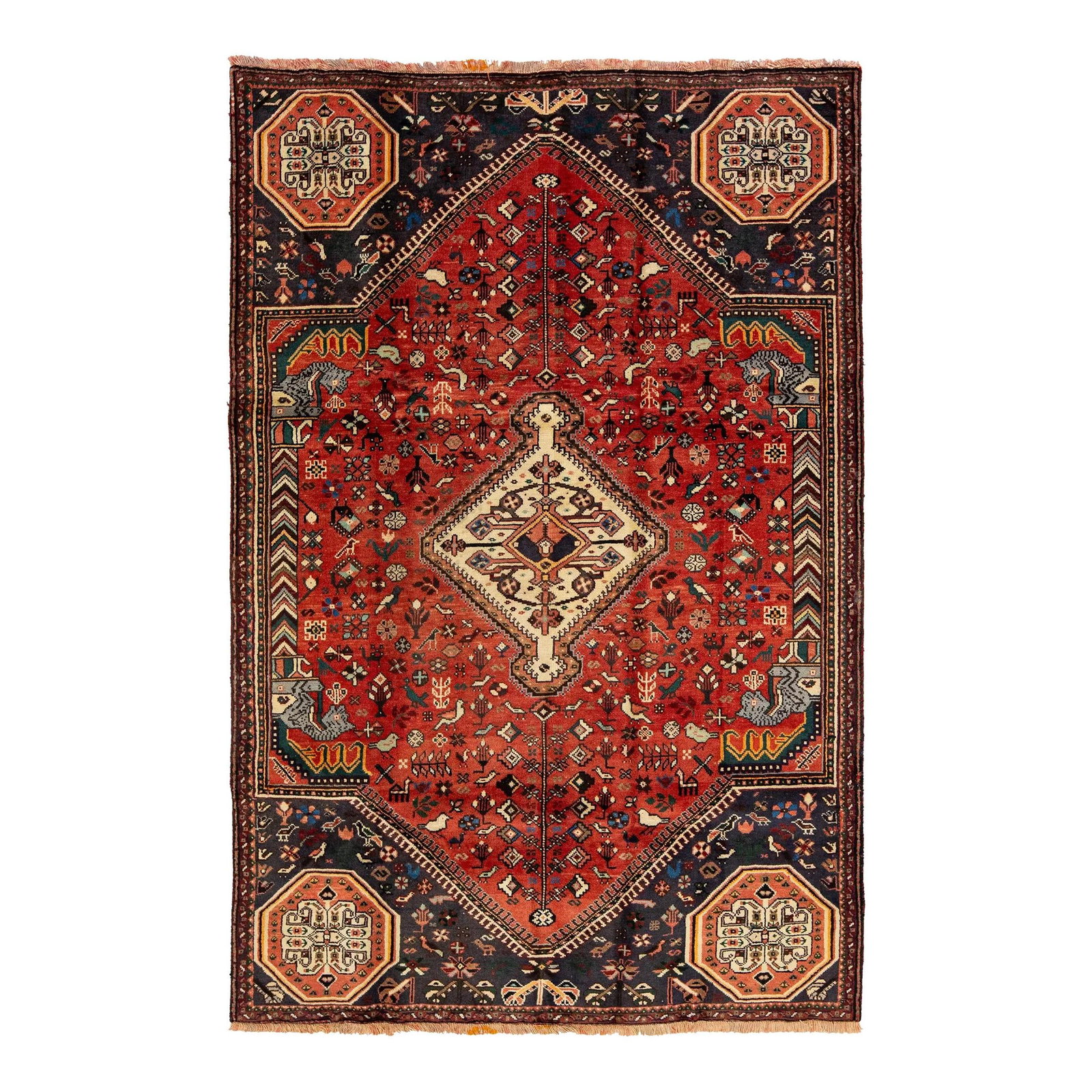 Vintage 1940s Persian Shiraz Handmade Wool Rug Red Tribal Design: Vintage 1940s Persian Shiraz Handmade Wool Rug Red Tribal Design This exquisite handmade wool rug features a vibrant red field embellished with intricate navy blue and multicolored tribal designs, ref