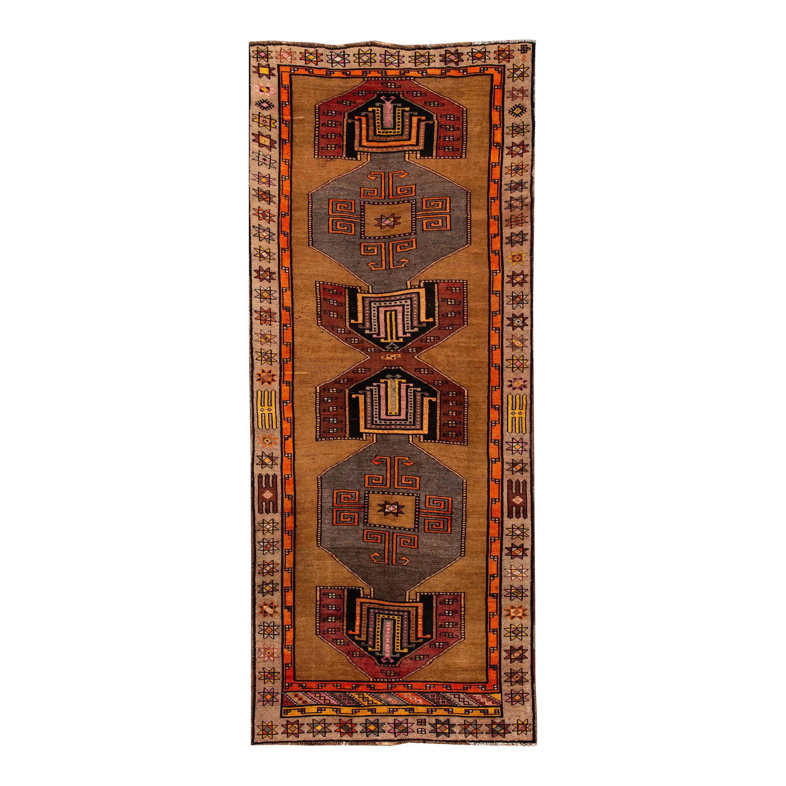 Vintage 1960s Handmade Azeri Wool Runner Tan with Multi-Color Accents: Vintage 1960s Handmade Azeri Wool Runner Tan with Multi-Color Accents Discover the charm of this vintage 1960s Azeri handmade tribal motif wool runner. This exquisite piece features a captivating arti