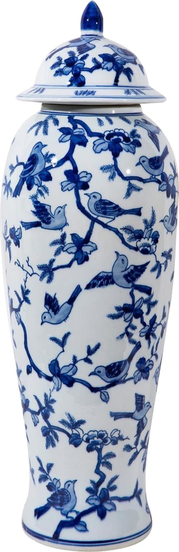 Chinoiserie Blue and White Bird Design Ceramic Jar (1 of 3)