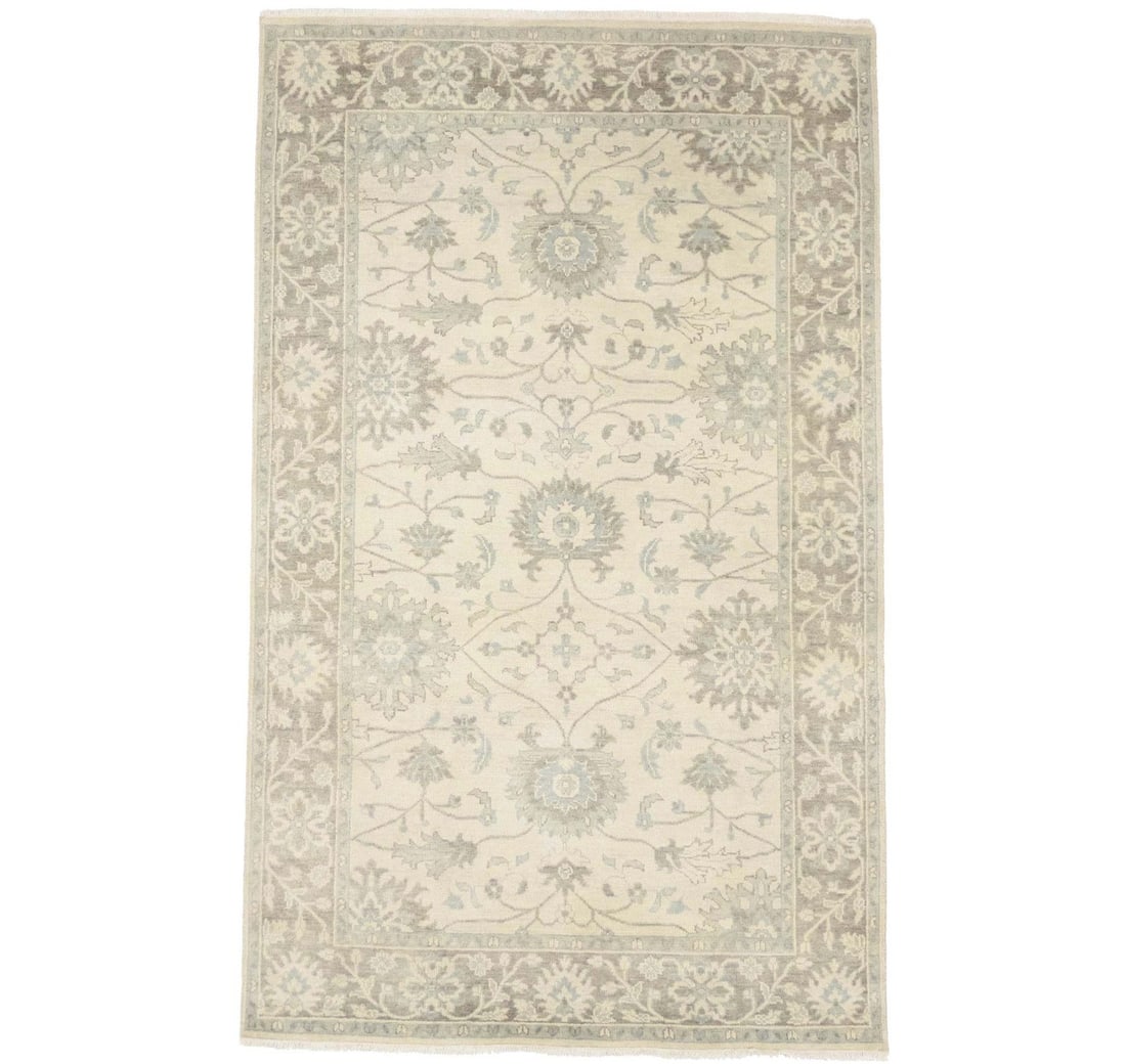 Hand-Knotted 5x8 ft Muted Cream Floral Chobi Rug: Hand-Knotted 5x8 ft Muted Cream Floral Chobi Rug Enhance your home decor with this stunning 5x8 ft muted cream floral design Chobi rug. Hand-knotted in India, this area rug features a beautiful blend