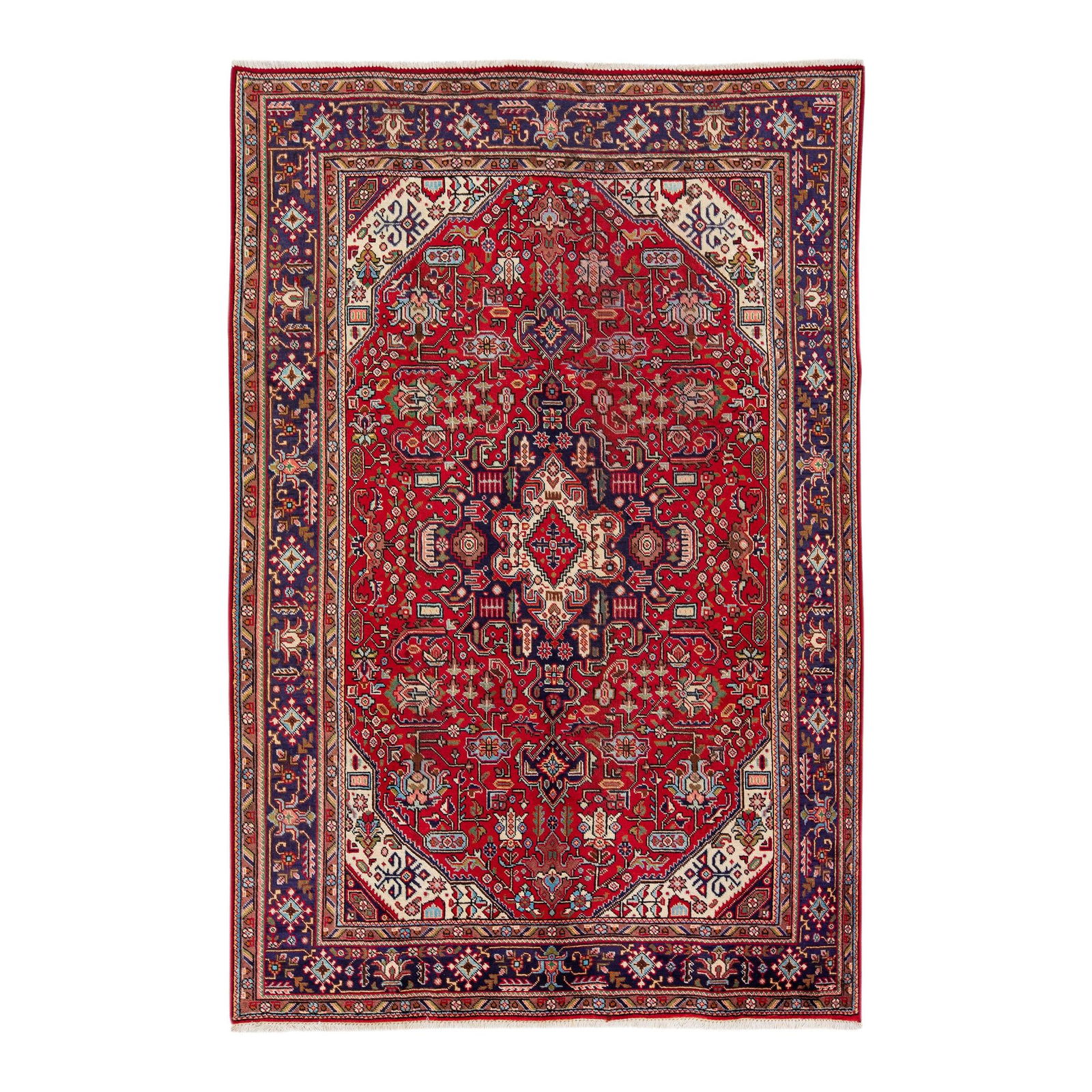 Vintage Persian Tabriz Hand-Knotted Red Wool Medallion Rug 6'3 x 9'10: Vintage Persian Tabriz Hand-Knotted Red Wool Medallion Rug 6'3 x 9'10 This stunning vintage Persian Tabriz rug boasts a rich red color field adorned with a navy blue frame and vibrant multicolor accen