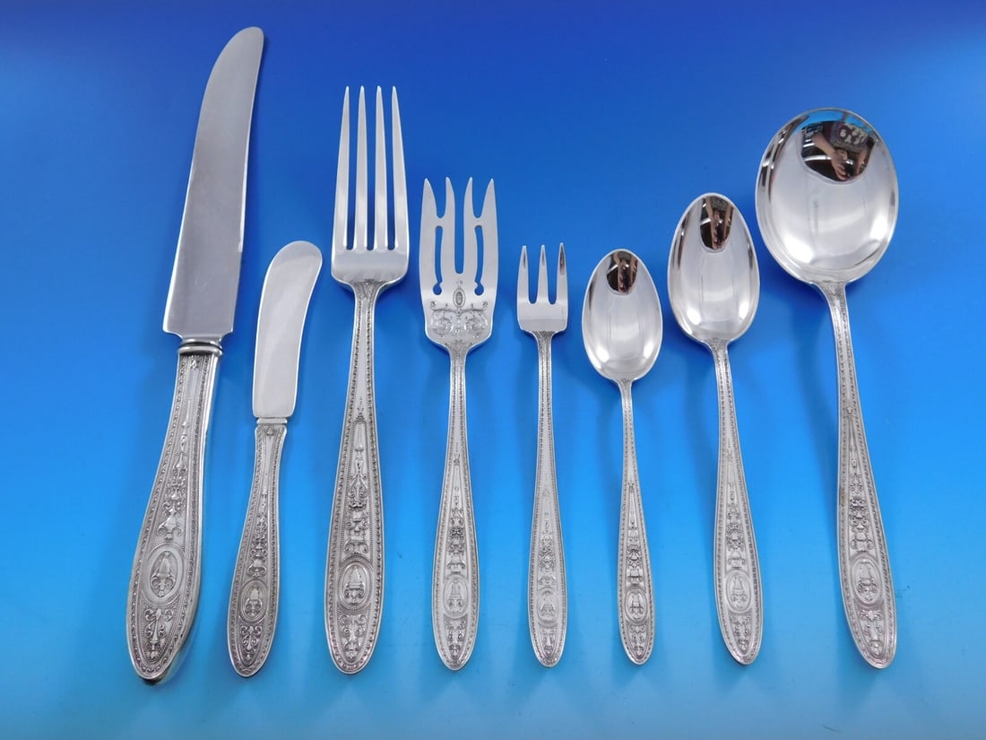 International Silver Wedgwood Sterling Silver Flatware Set 103 pcs with Storage Chest: International Silver Wedgwood Sterling Silver Flatware Set 103 pcs with Storage Chest This exquisite Wedgwood by International Sterling Silver Flatware Service encompasses a total of 103 pieces, perfe