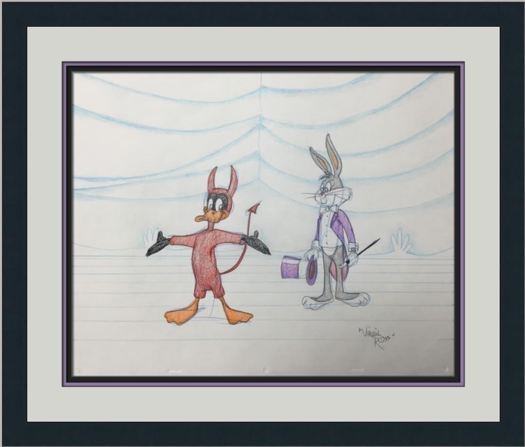 Virgil Ross Signed Bugs Bunny Daffy Duck Original Model Sheet Custom Framed: Virgil Ross Signed Bugs Bunny Daffy Duck Original Model Sheet Custom Framed This exquisite original model sheet drawing features iconic characters Bugs Bunny and Daffy Duck, expertly illustrated by le