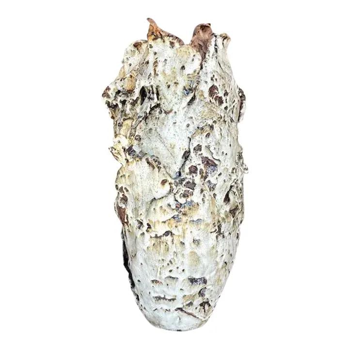 Monumental Handcrafted Slab Pottery Vase with Organic Boho Charm: Monumental Handcrafted Slab Pottery Vase with Organic Boho Charm This monumental vintage studio pottery vase showcases expert slab-built craftsmanship with an organic, textured design. Featuring natur