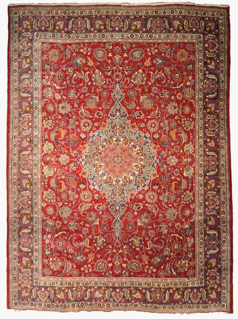10' x 13.9' Red Persian Kashan Mashad Rug Handmade in Iran: 10' x 13.9' Red Persian Kashan Mashad Rug Handmade in Iran Free continental US Shipping Transform your space with the timeless allure of this pre-owned 10' x 13.9' Persian Kashan Mashad Rug. Handcraft