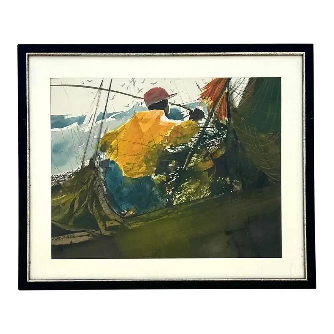 Original Abstract Watercolor Painting of Fisherman Vintage Art on Paper: Original Abstract Watercolor Painting of Fisherman Vintage Art on Paper Vintage abstract watercolor painting on paper featuring a man fishing. The artwork uses shades of blue, green, and earthy tones