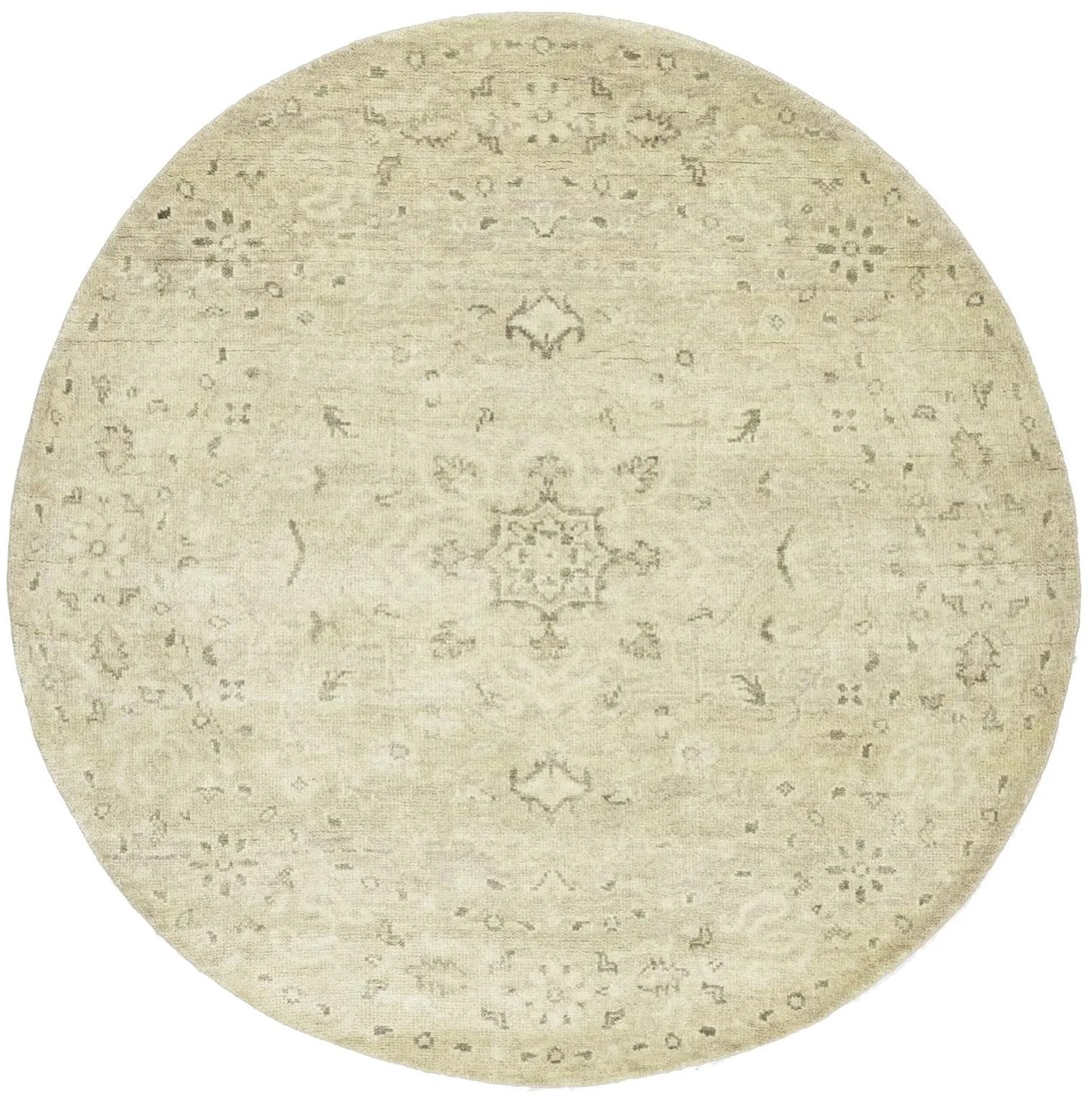 Handmade Wool Round Rug Floral Design 5'11 Transitional Style: Handmade Wool Round Rug Floral Design 5'11 Transitional Style Enhance your space with this exquisite Handmade Transitional Oriental Round Rug featuring a muted floral design. Measuring 5'11" x 5'11",