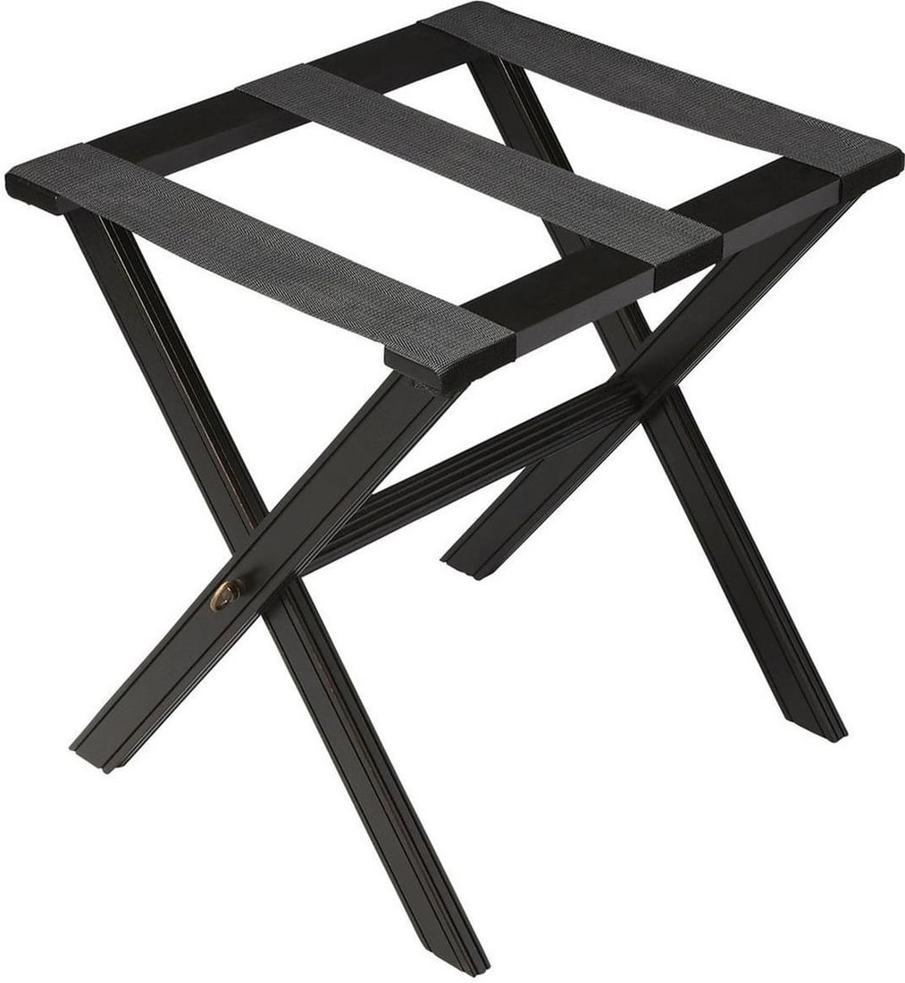 Butler Anthony Folding Luggage Rack Brass Finish: Butler Anthony Folding Luggage Rack Brass Finish This elegant folding luggage rack combines functionality with a touch of vintage charm. Crafted from poplar rubberwood, it features a striking Black Li