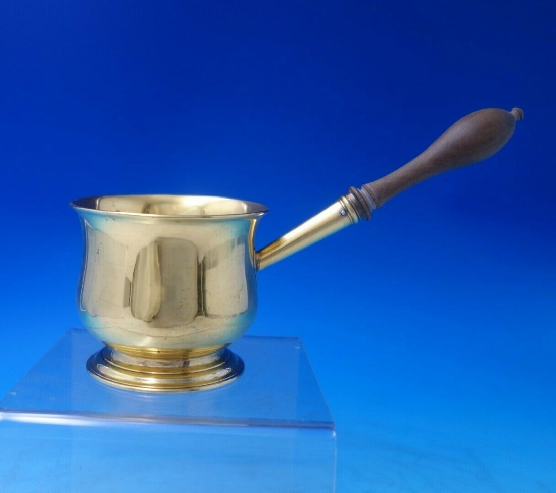 English Sterling Silver Vermeil Pipkin with Wood Handle 3 x 8: English Sterling Silver Vermeil Pipkin with Wood Handle 3 x 8 This exquisite English Sterling Silver Pipkin features a stunning vermeil finish, which means it is completely gold washed, enhancing its