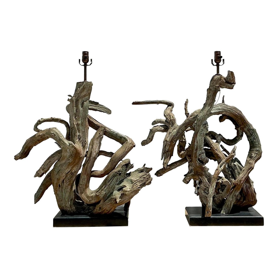 Pair of Vintage Driftwood Lamps with Black Base 34 Inches Tall: Pair of Vintage Driftwood Lamps with Black Base 34 Inches Tall Enhance your living space with this stunning pair of vintage monumental driftwood lamps. Each lamp showcases a unique sculptural design,