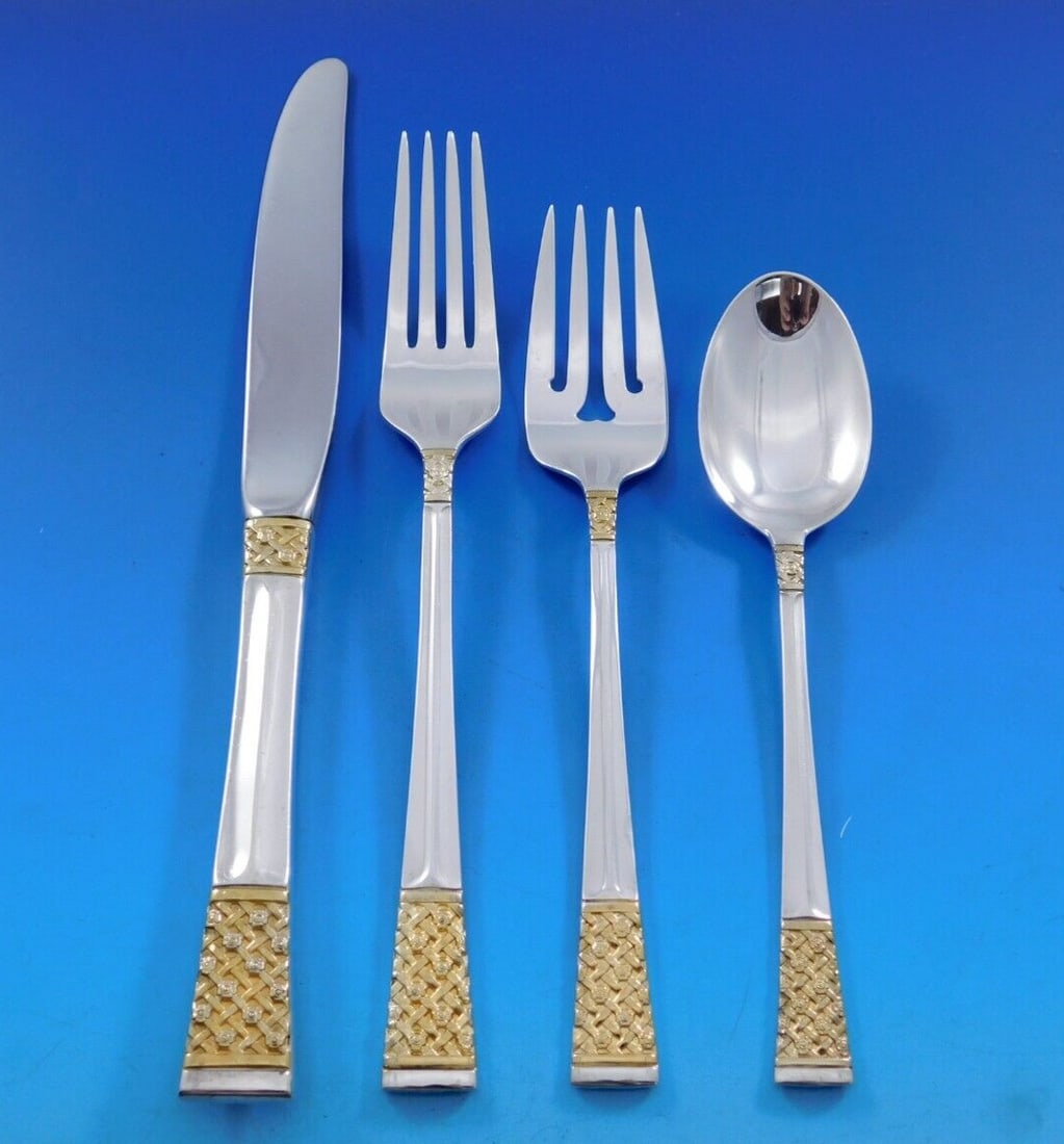 Lunt Golden Columbine Sterling Silver Flatware Set for 12 50 Pieces: Lunt Golden Columbine Sterling Silver Flatware Set for 12 50 Pieces Elevate your dining experience with this exquisite Golden Columbine flatware set by Lunt, crafted from high-quality sterling silver.