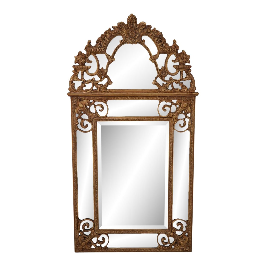 Friedman Brothers Gold Gilt Neoclassical Mirror 31.5 x 59 Beveled Glass: Friedman Brothers Gold Gilt Neoclassical Mirror 31.5 x 59 Beveled Glass This stunning neoclassical mirror features a beveled glass surface and is crafted with high-quality construction. Its elegant go