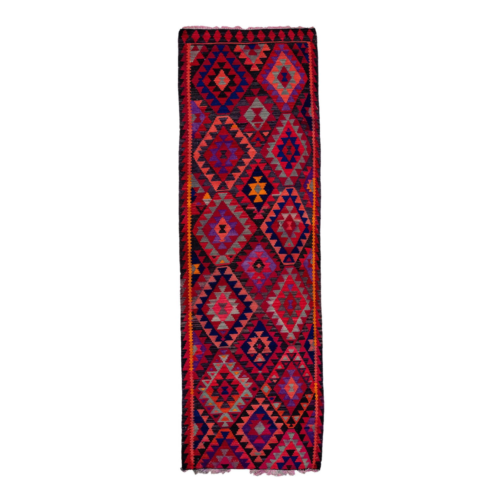 Vintage Handmade Wool Kilim Runner Multicolor Geometric 3'3" x 10'10": Vintage Handmade Wool Kilim Runner Multicolor Geometric 3'3" x 10'10" Enhance your space with this stunning vintage kilim handmade wool runner. Featuring a vibrant multicolor field adorned with an all