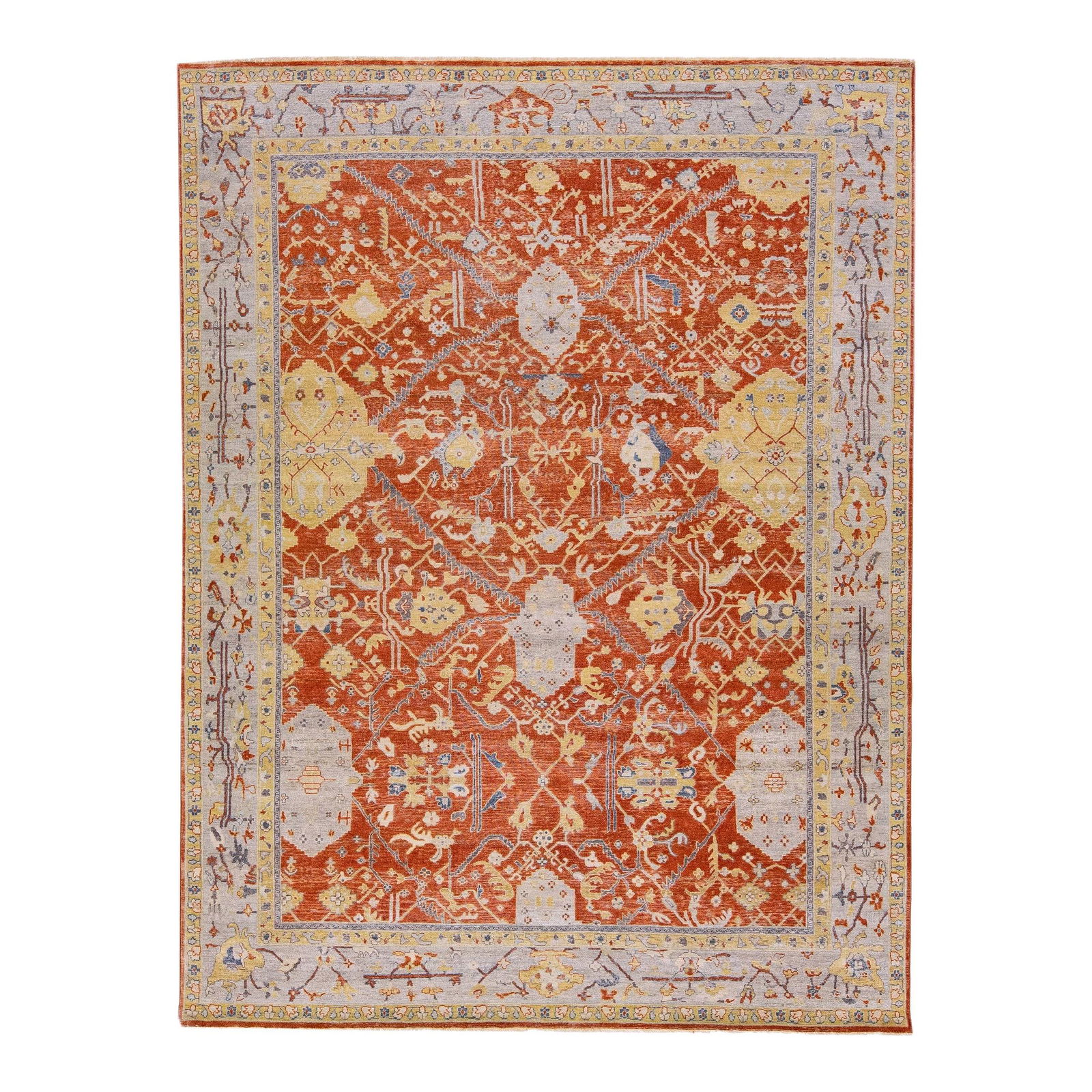 Rust Floral Tabriz Handmade Indian Wool Rug 8'10 x 11'9: Rust Floral Tabriz Handmade Indian Wool Rug 8'10 x 11'9 Transform your living space with this exquisite Early 21st Century Rust Modern Tabriz Handmade Indian Wool Rug. Crafted by skilled artisans, thi