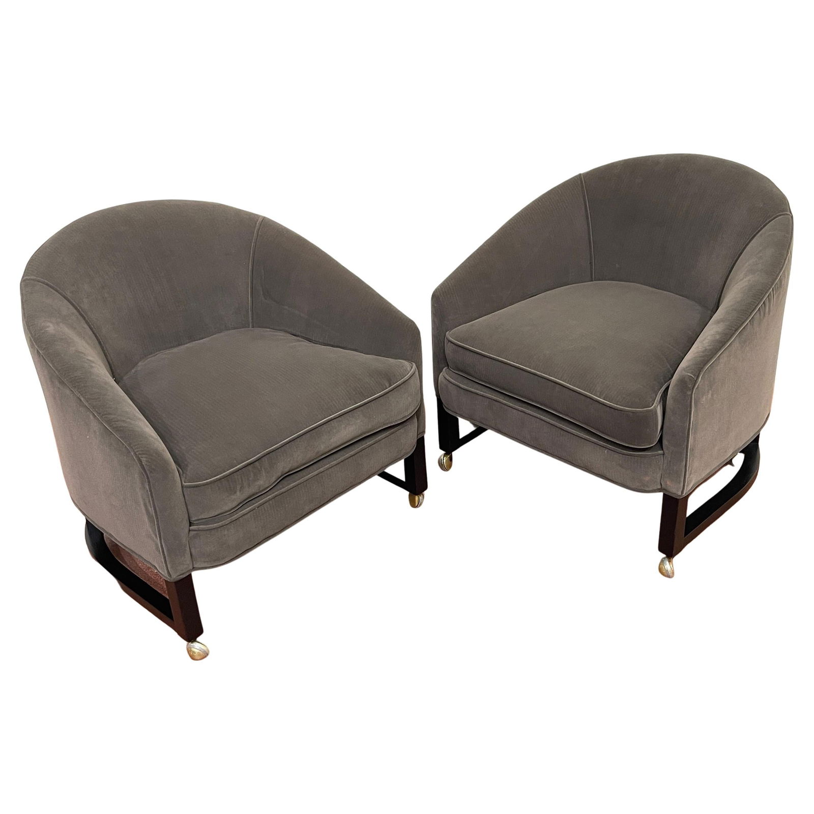 1970s Mid-Century Modern Barrel Back Club Chairs Set of 2 by Harvey Probber: 1970s Mid-Century Modern Barrel Back Club Chairs Set of 2 by Harvey Probber This stylish pair of 1970s low profile barrel back club chairs showcases the elegance of Mid-Century Modern design, reminisc