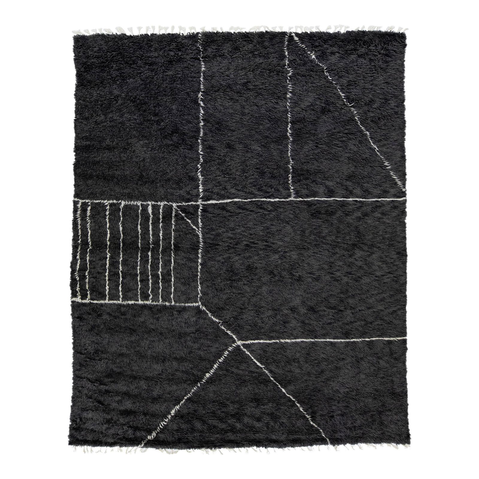Handmade Charcoal Wool Rug Modern Moroccan Style 9'4 x 12: Handmade Charcoal Wool Rug Modern Moroccan Style 9'4 x 12 This stunning modern Moroccan style rug features a hand-knotted construction, showcasing a striking charcoal black field with elegant white fr