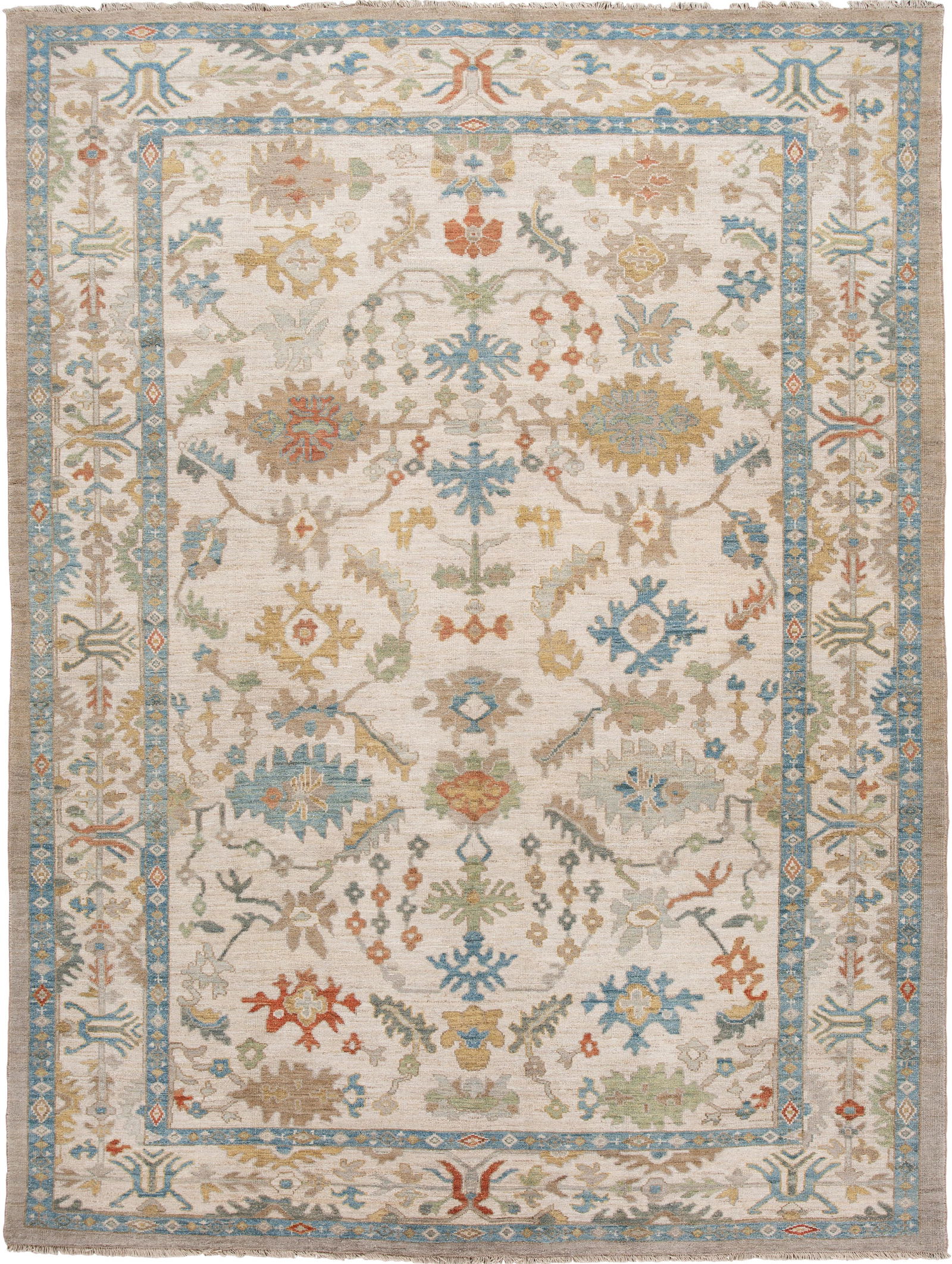 Contemporary Hand-Knotted Wool Sultanabad Rug 9'4 x 12'5 Ivory Blue Rust Accents: Contemporary Hand-Knotted Wool Sultanabad Rug 9'4 x 12'5 Ivory Blue Rust Accents Elevate your space with this stunning Modern Sultanabad Wool Rug. Hand-knotted from high-quality wool, it features a be