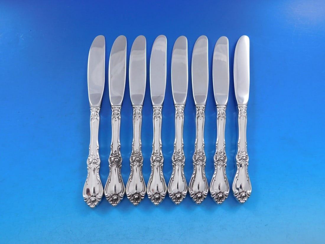 Wallace Royal Rose Sterling Silver Butter Spreaders Set of 8: Wallace Royal Rose Sterling Silver Butter Spreaders Set of 8 Enhance your dining experience with this exquisite set of 8 Royal Rose butter spreaders by Wallace. Each piece features a hollow handle cra