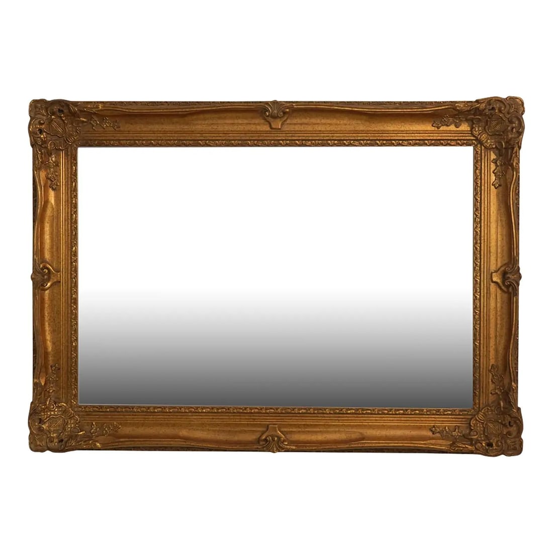 LaBarge Ornate Gold Beveled Mirror 43.5 W x 31 H: LaBarge Ornate Gold Beveled Mirror 43.5 W x 31 H This exquisite Labarge rectangular mirror features a classic ornate gold frame with beveled glass, adding a touch of elegance to any space. With an app