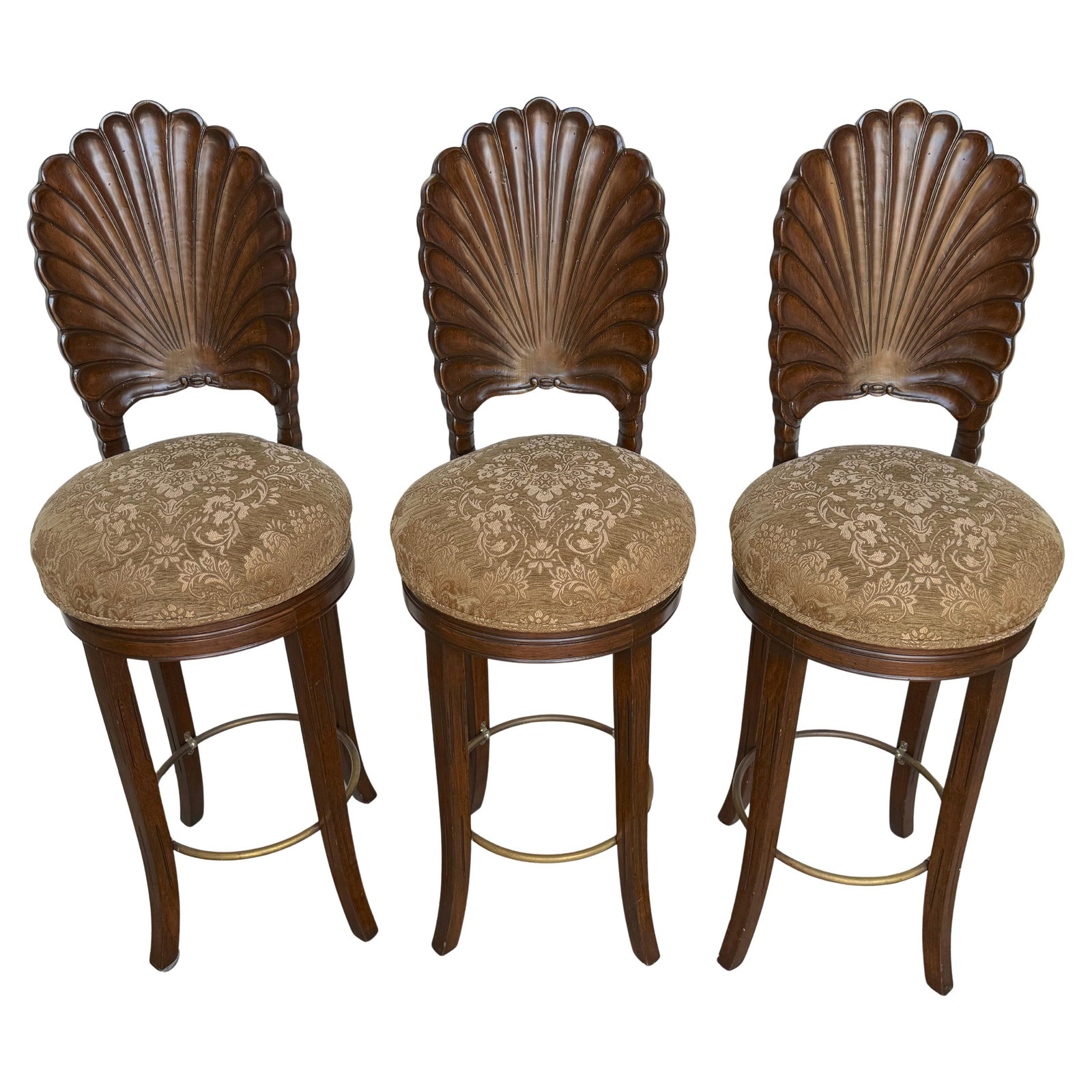Three Italian Hollywood Regency Shell Back Fruitwood Grotto Bar Stools 1980s: Three Italian Hollywood Regency Shell Back Fruitwood Grotto Bar Stools 1980s This set of three Italian bar stools, crafted circa 1980, features hand-carved fruitwood frames with dramatic scallop-shell