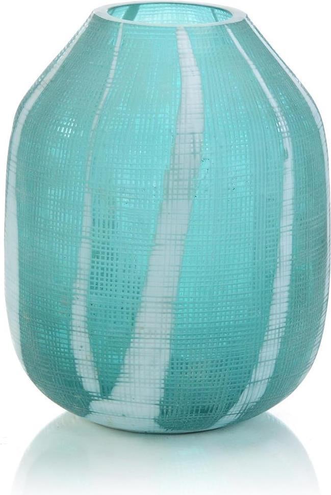 John-Richard Aqua Green Etched Glass Vase 11H 9W 9D: John-Richard Aqua Green Etched Glass Vase 11H 9W 9D Elevate your home decor with this stunning Aqua Green Glass Vase featuring a unique cross hatch texture. Designed in an antique or vintage style, th
