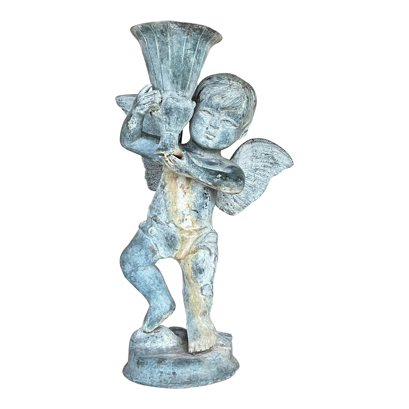 Vintage Boho Charcoal Metal Putti Angel Decor 20 inches: Vintage Boho Charcoal Metal Putti Angel Decor 20 inches Elevate your home decor with this vintage boho patinated metal putti angel. This decorative piece showcases a beautifully aged finish that captu
