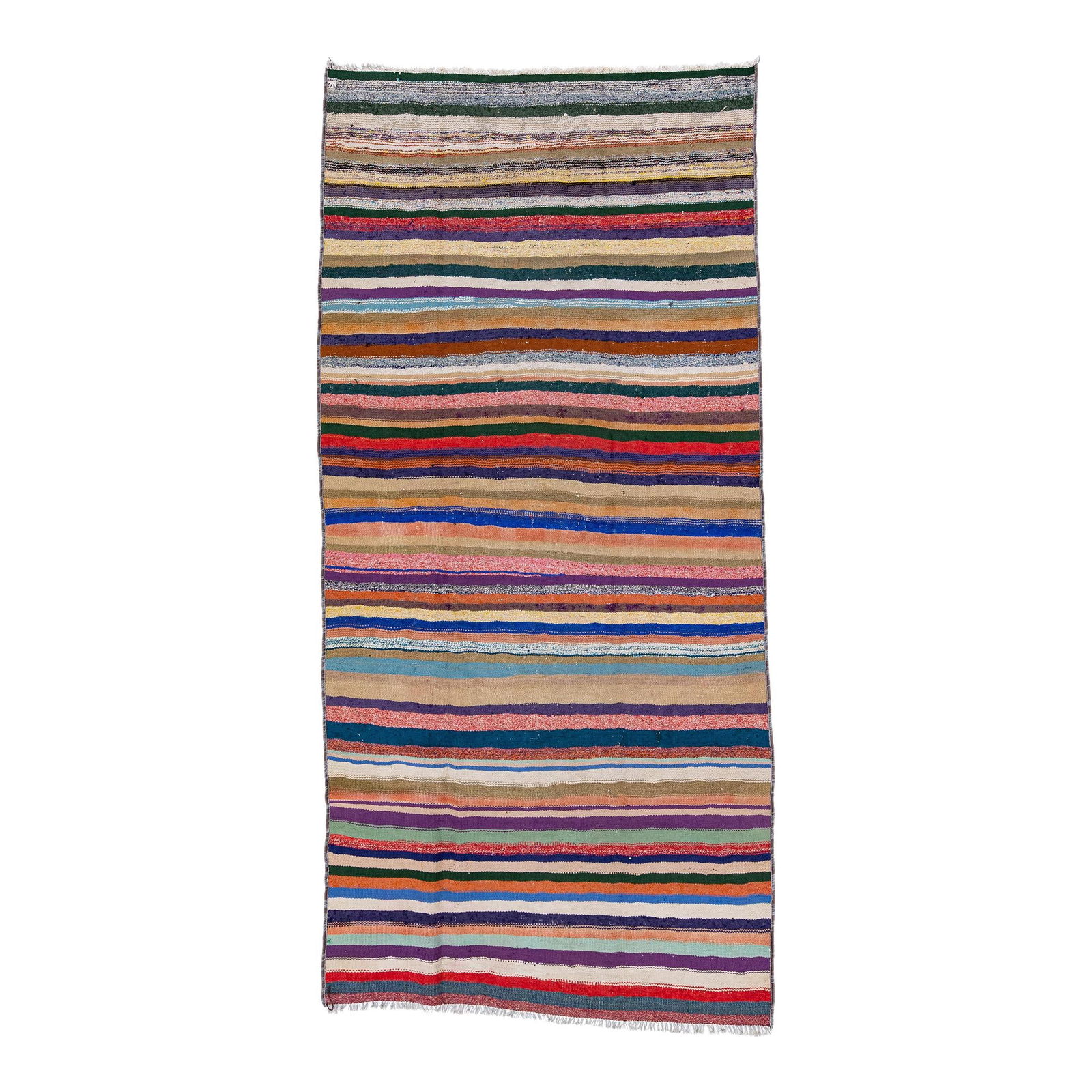 Vintage 1960s Turkish Kilim Wool Rug Multicolor Stripes 4'5 x 9'5: Vintage 1960s Turkish Kilim Wool Rug Multicolor Stripes 4'5 x 9'5 This stunning vintage Turkish Kilim rug features a striking blue field adorned with multicolor geometric stripes, showcasing the craft