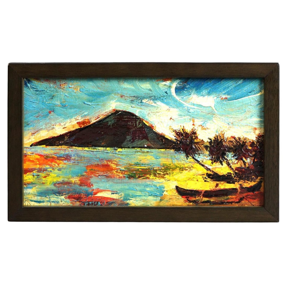 Tahitian Coastal Scene 20th Century Impressionist Oil Painting on Panel: Tahitian Coastal Scene 20th Century Impressionist Oil Painting on Panel This impressionist oil painting on panel showcases a vibrant Tahitian tropical landscape from the 20th century. The artwork feat